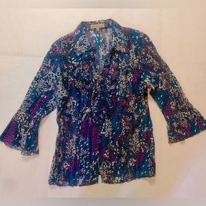Notations Size M Patterned Ruffled Button  Top 3/4 Sleeve